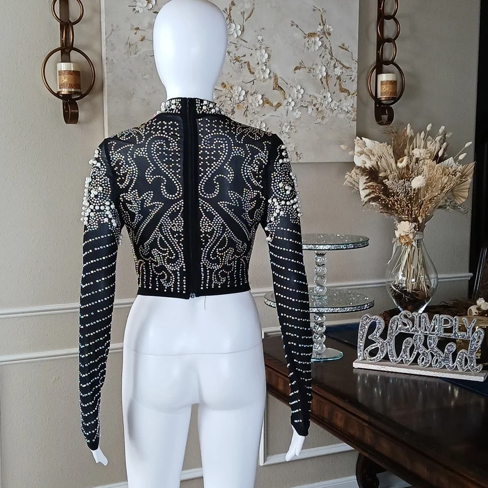 Banjul Black Beaded Long-Sleeve Crop Sheer Cocktail Mock Neck Top. Size M - Picture 8 of 17